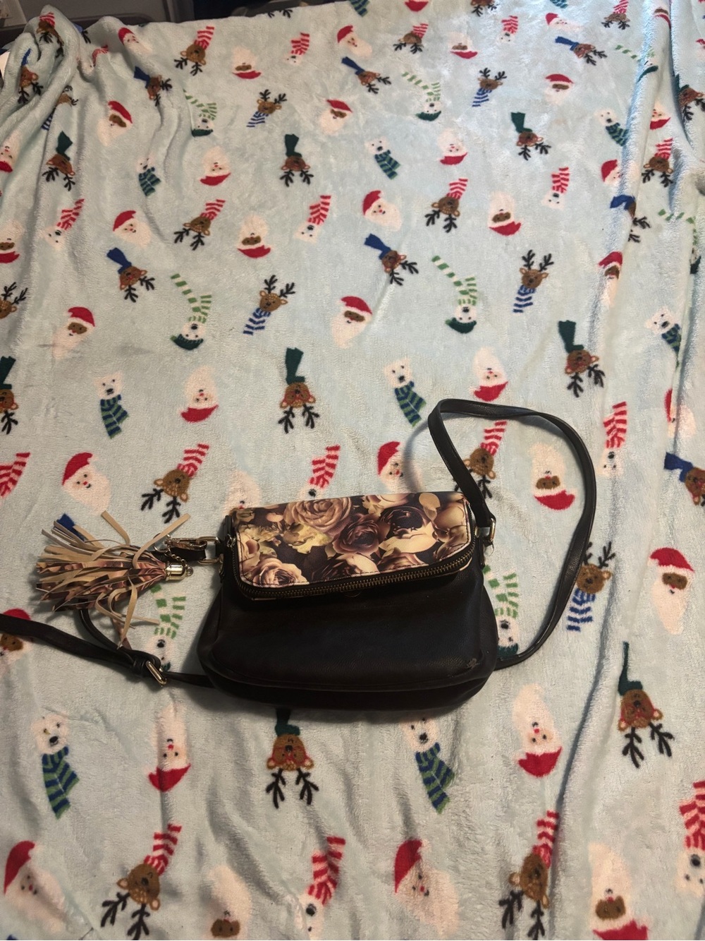 Floral Accent Black Crossbody Bag some stains inside bag
